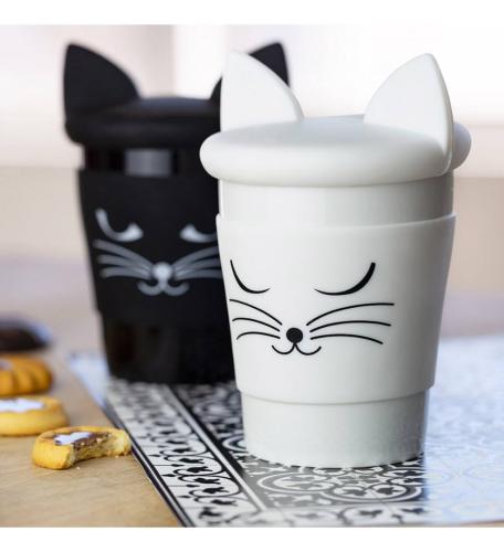 mug en porcelaine avec couvercle en silicone chat blanc et noir Pylones